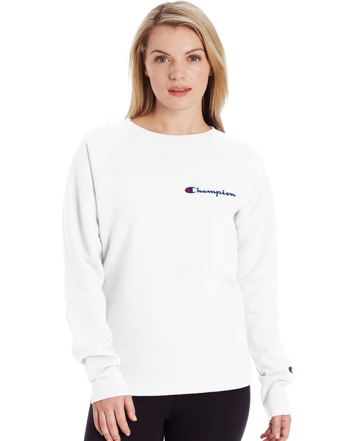 Champion Womens Sweatshirt NZ - Powerblend Fleece Classic Crew Script Logo White ( 4917-ORYGA )